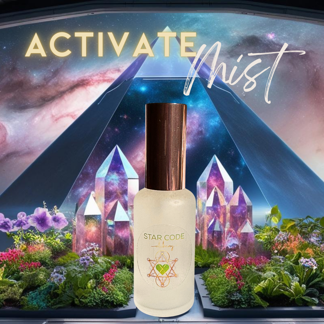 Bottle of 'Activate Mist' with a mystical background featuring crystals and plants. Star Code Alchemy