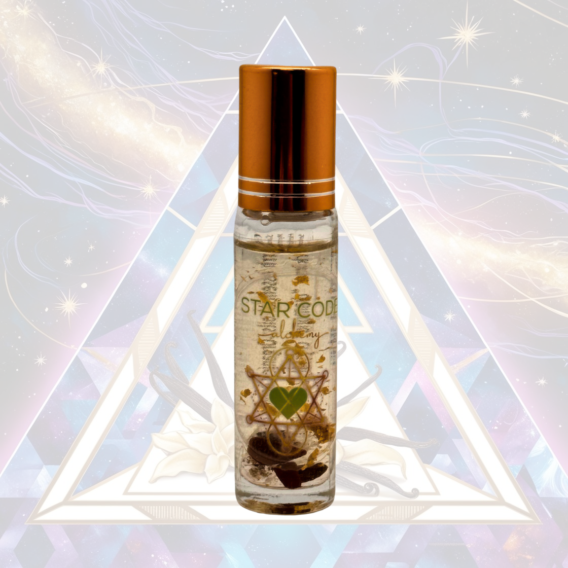 A clear glass roll-on bottle with a bronze cap, labeled 'STAR CODE', containing a blend of essential oils intended for relaxation and tranquility.