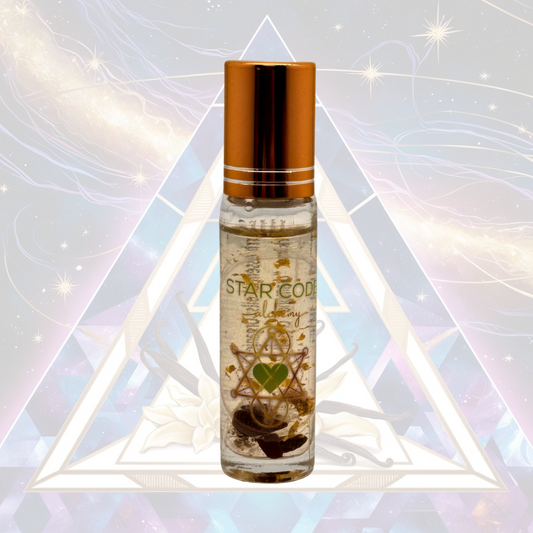 A clear glass roll-on bottle with a bronze cap, labeled 'STAR CODE', containing a blend of essential oils intended for relaxation and tranquility.