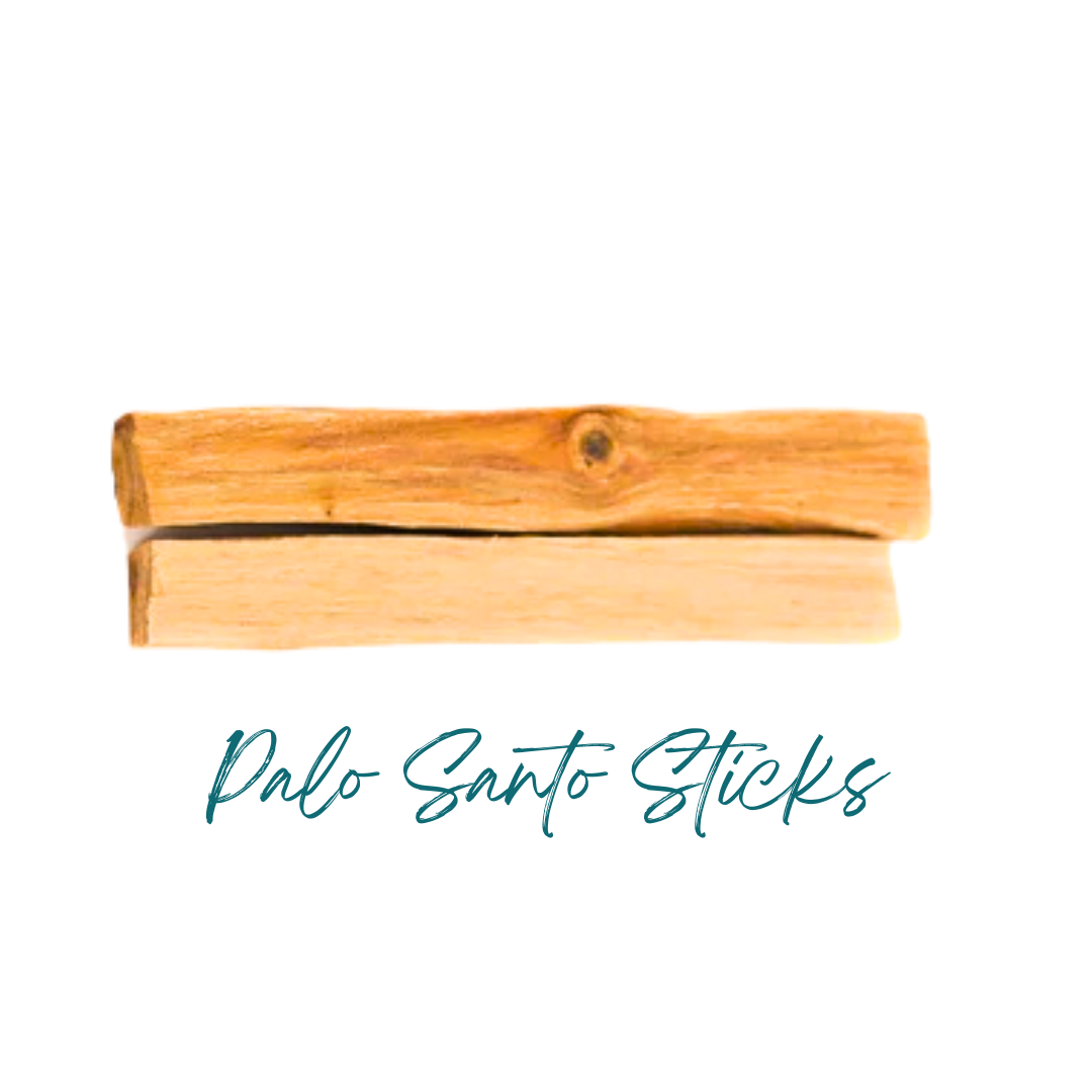 Two Palo Santo sticks on a white background with 'Palo Santo Sticks' text. Charged in Sedona vortex energies.