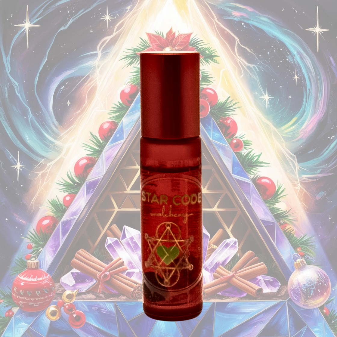 A 10ml glass roller bottle of SEDONA HOLIDAY SPICE essential oil with a red cap, displayed in front of a colorful artistic background featuring a Christmas tree and gifts.