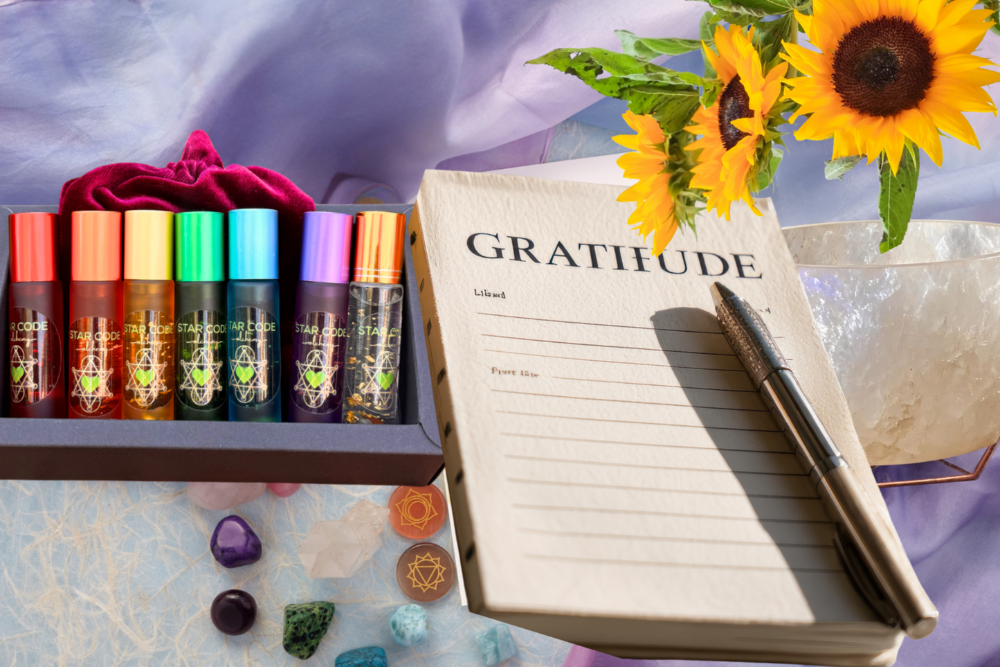 Star Code Alchemy 7 chakra Set, gratitude journal, crystals, pen.