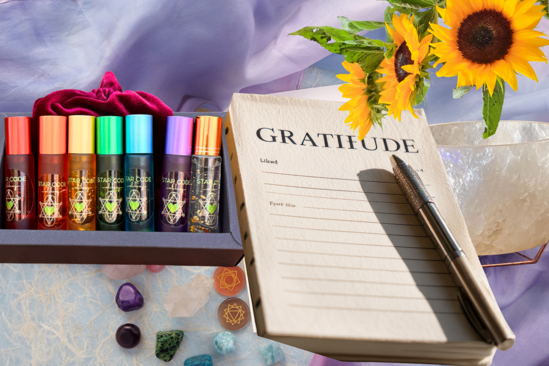 Star Code Alchemy 7 chakra Set, gratitude journal, crystals, pen.
