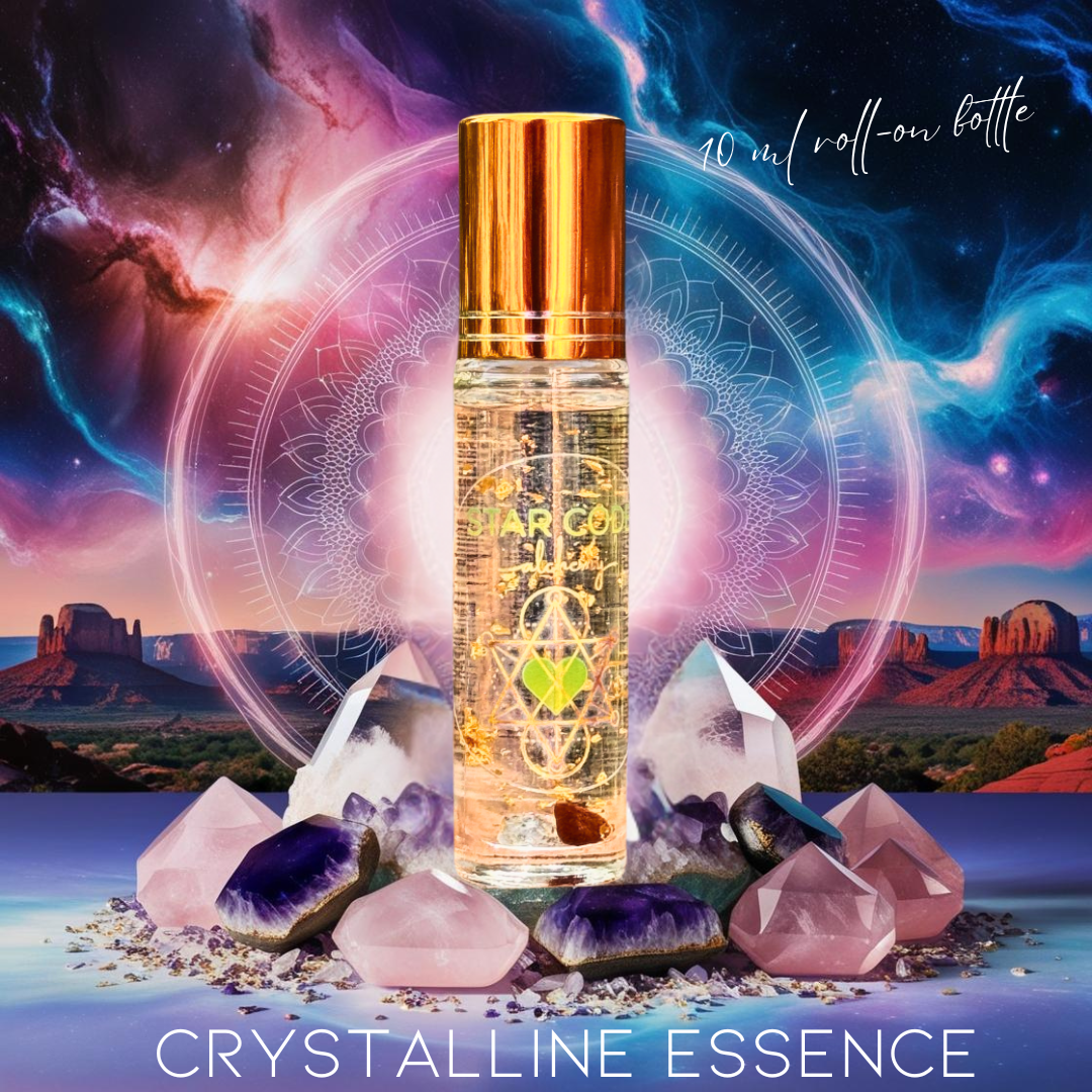 Roll-on bottle labeled 'STAR CODE ALCHEMY' with crystals and Sedona desert landscape in the background