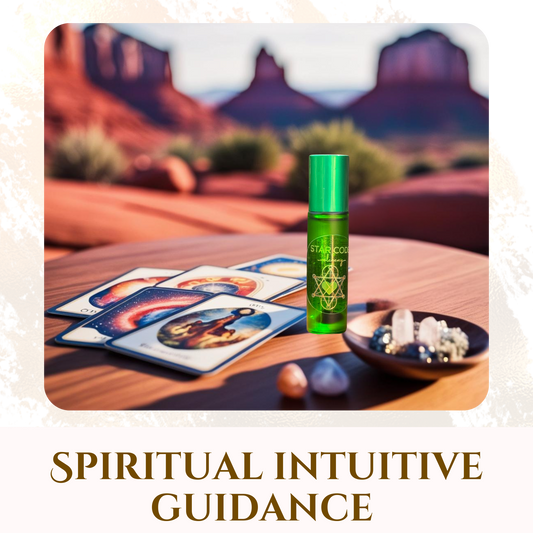 Green essential oil roller bottle labeled 'Star code Alchemy' with oracle cards and crystals in a Sedona setting, text 'Spiritual Intuitive Guidance'.