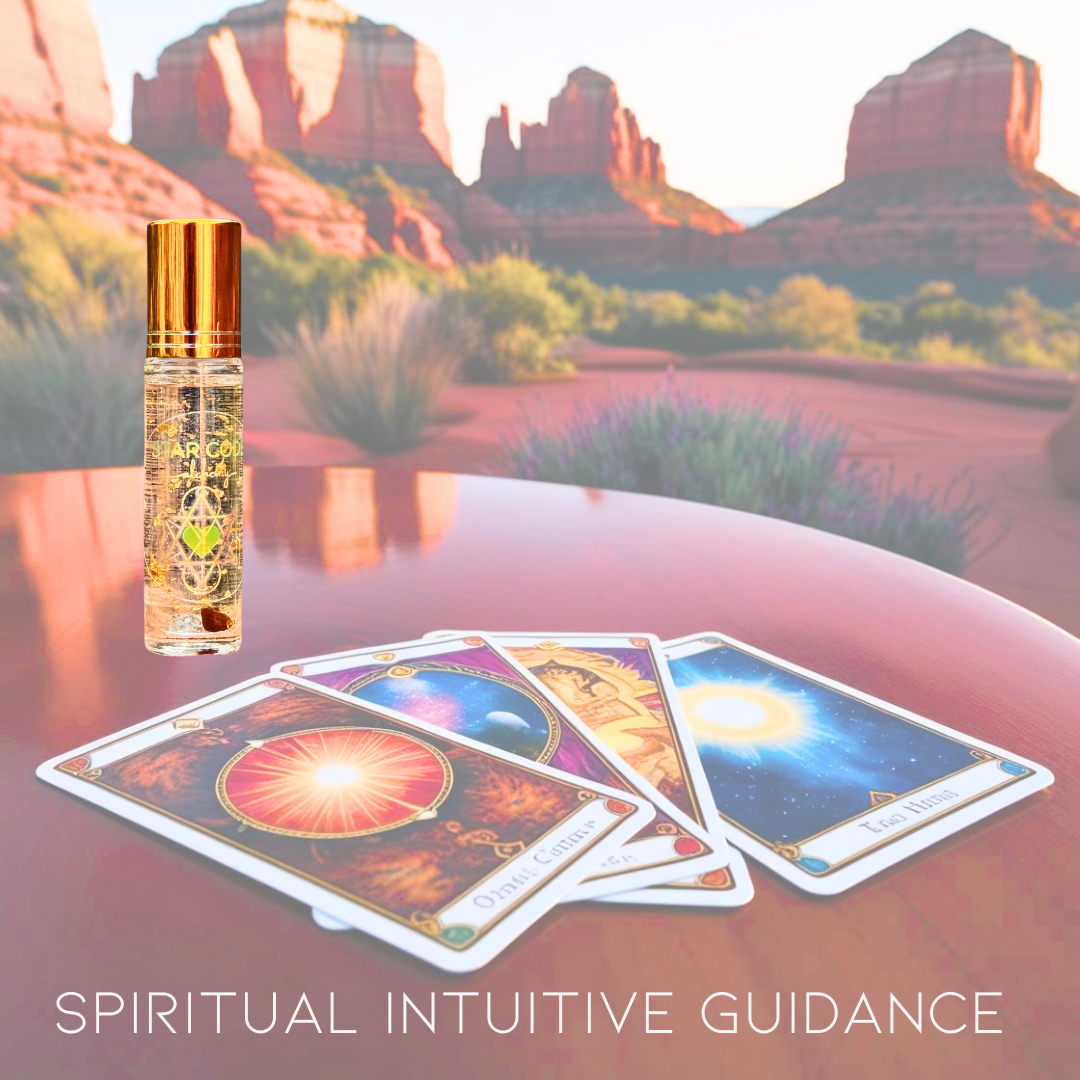 Essential oil roller bottle, oracle cards, and Sedona background with 'Spiritual Intuitive Guidance' text