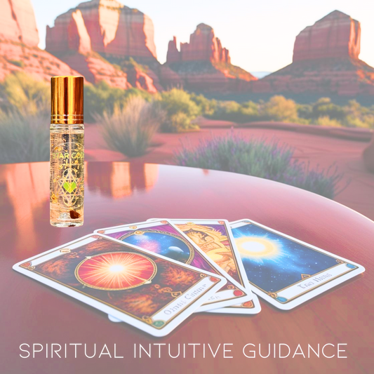 Essential oil roller bottle, oracle cards, and Sedona background with 'Spiritual Intuitive Guidance' text