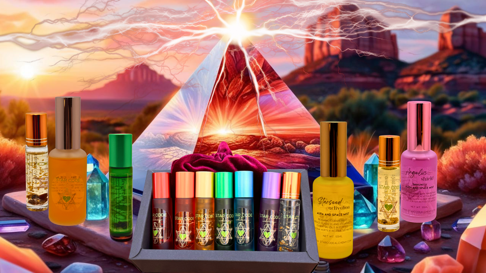 Set of colorful essential oil chakra bottles with a SEDONA background featuring a pyramid and energy vortexes.
